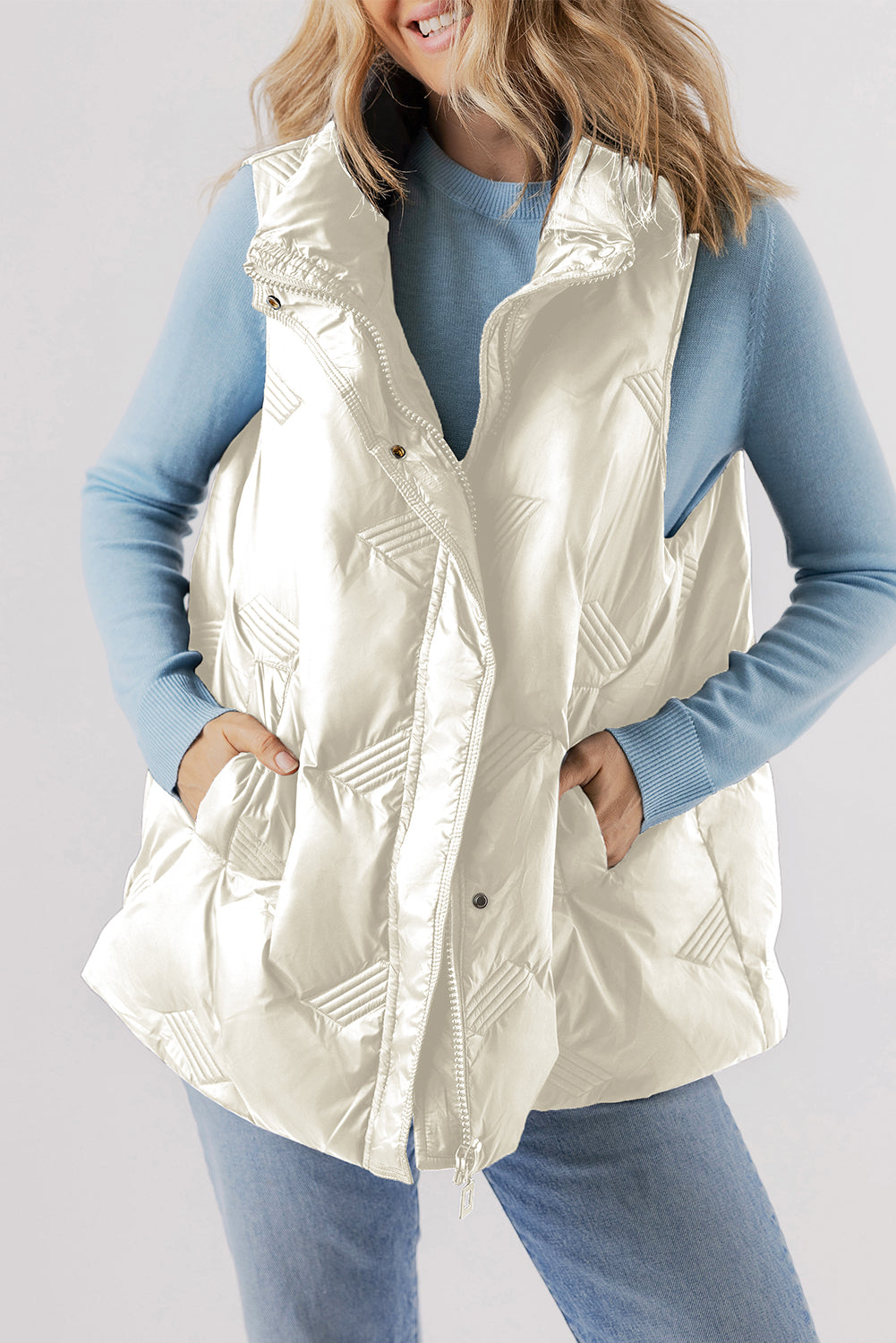 White quilted high neck zip up jacket vest front view