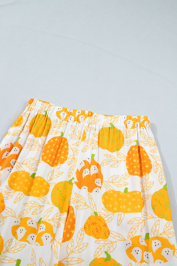 Orange Short Sleeve Pumpkin Print Polka Dot Trim Pocket Pocket Placket Home Wear Lounge Set