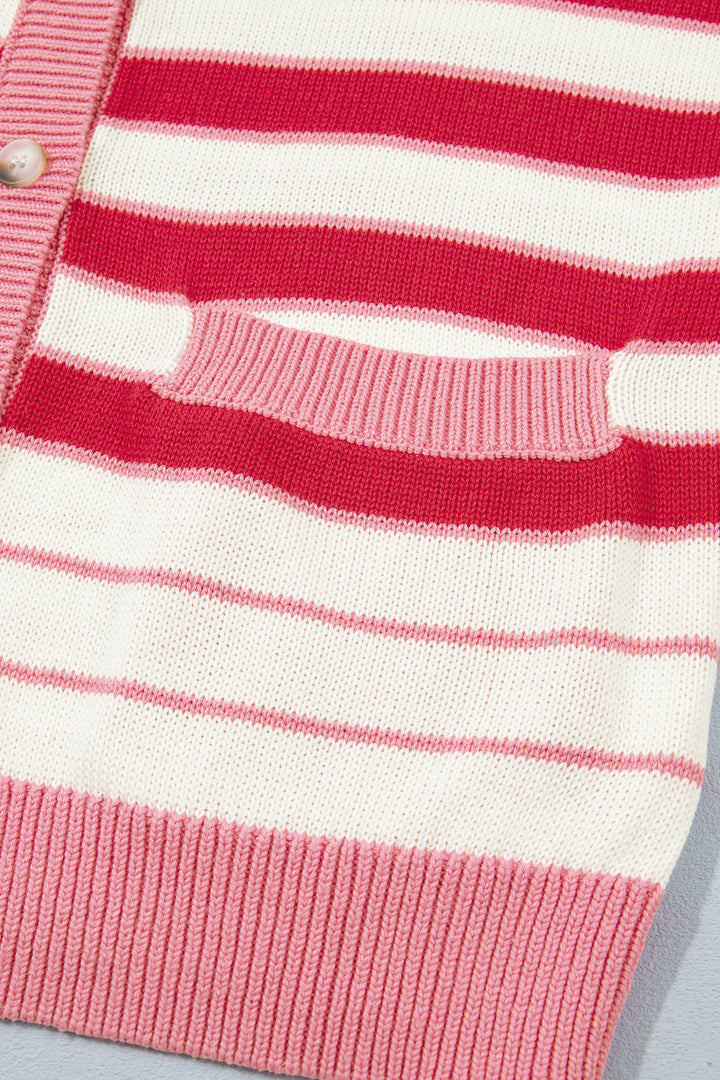Red Stripe V Neck Long Sleeve Regular Fit Cardigan