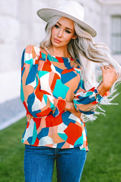 Multicolor Abstract Pattern Crewneck Ruffled Puff Sleeve Blouse