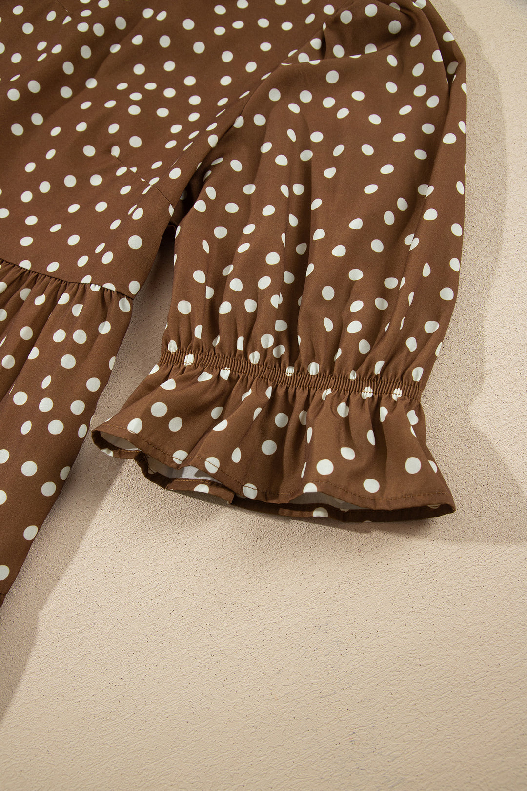 Brown V Neck Polka Dot Long Sleeve Shift Plus Size Dress
