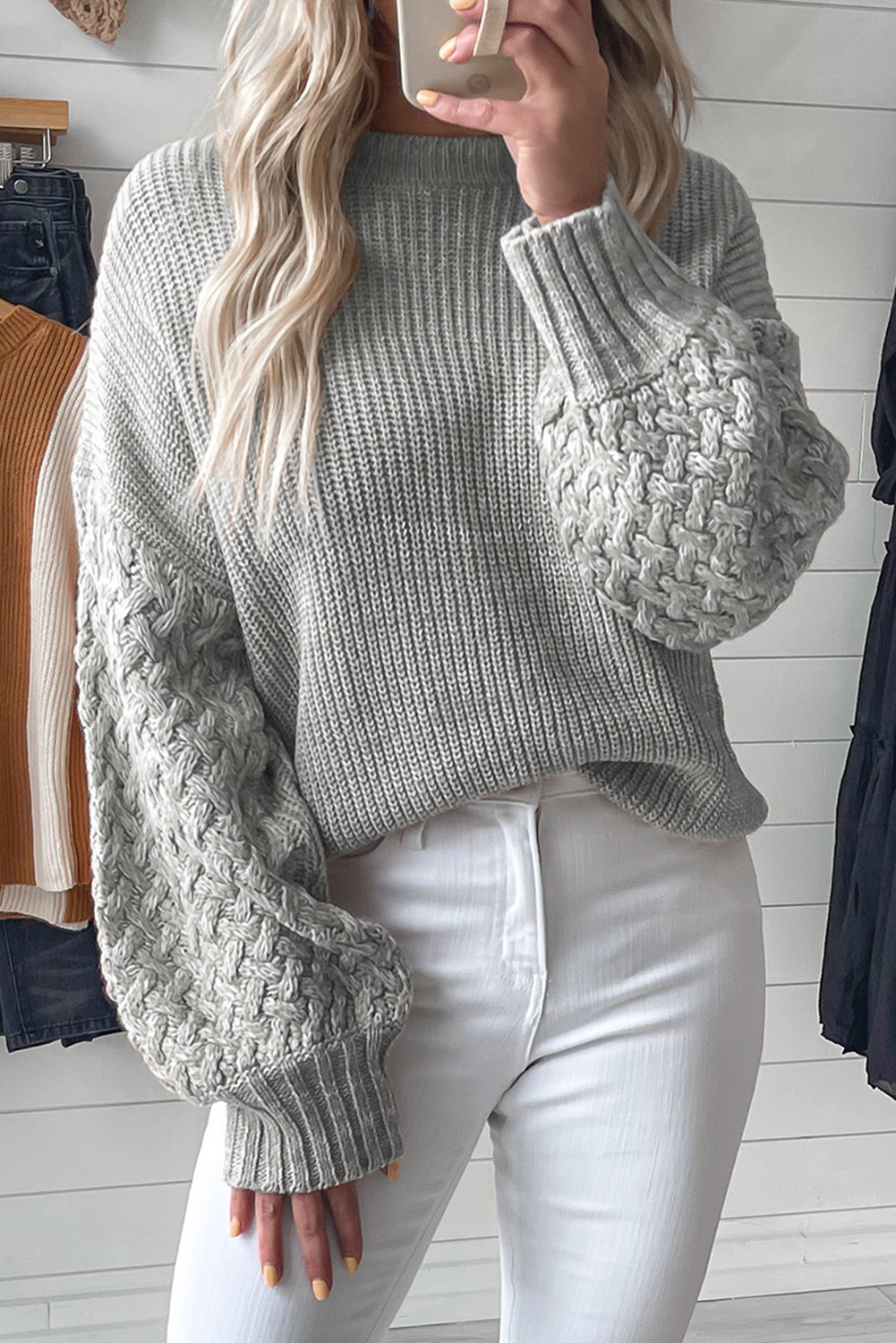 Parchment Cable Knit Sleeve Drop Shoulder Sweater