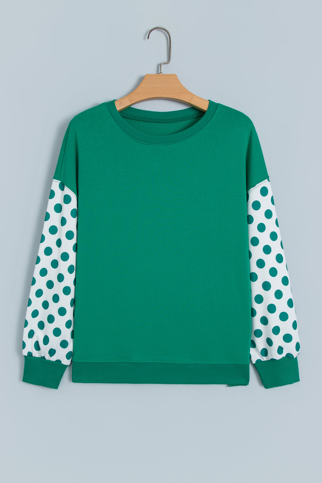 Green Polka Dot Patchwork Sleeve Crew Neck Loose Pullover Sweatshirt