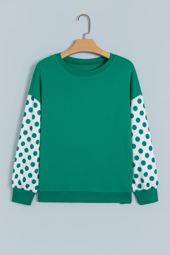 Green Polka Dot Patchwork Sleeve Crew Neck Loose Pullover Sweatshirt