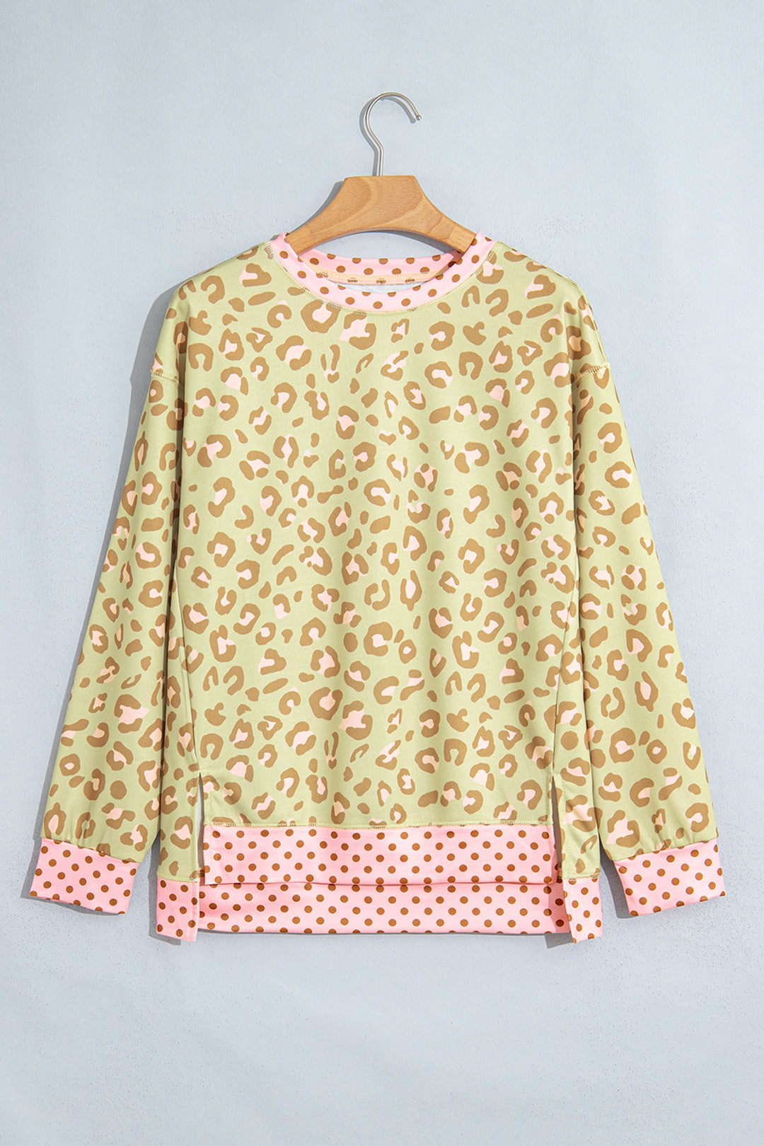 Khaki Leopard Polka Dot Colorblock Trim Long Sleeve Top