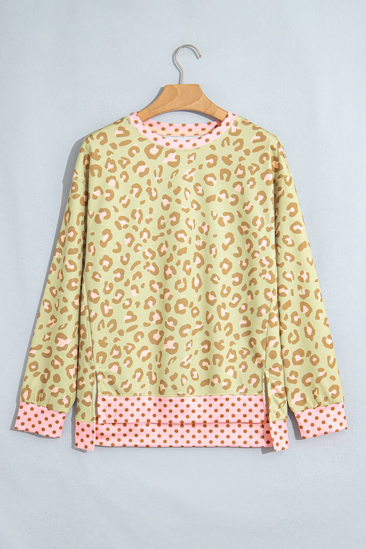 Khaki Leopard Polka Dot Colorblock Trim Long Sleeve Top