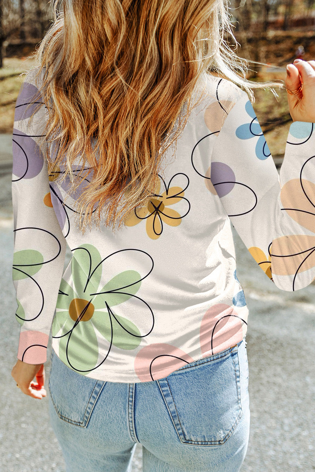 Beige Flower Print Crew Neck Long Sleeve T Shirt