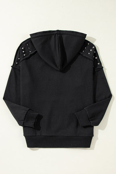 Black Solid Color Rivet Stud Raglan Sleeve Hoodie with Pocket