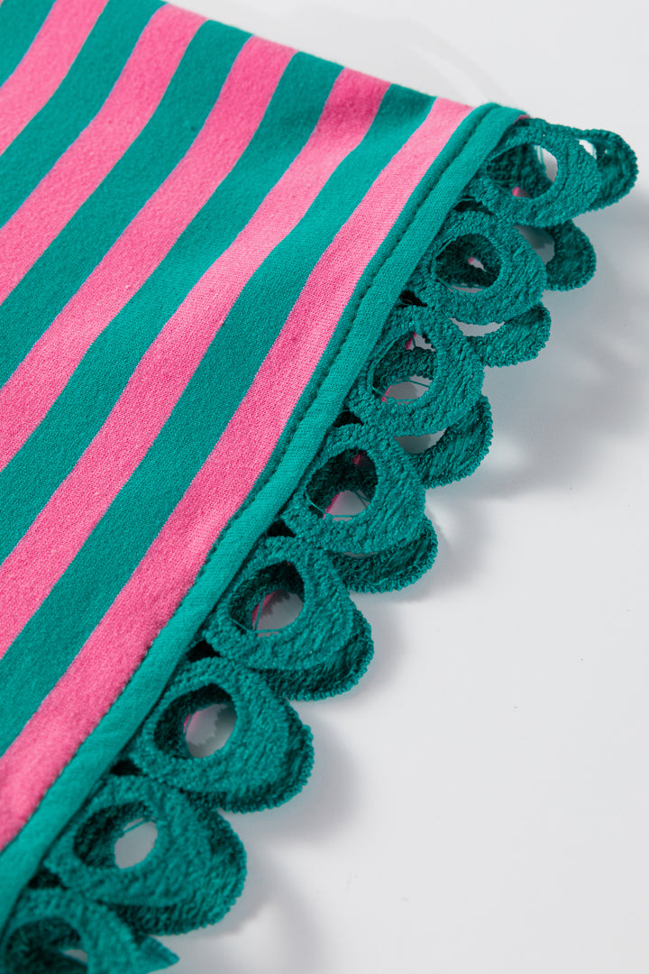 Sachet Pink Striped Print Drop Shoulder Lace Trim Bracelet Sleeve Loose Top