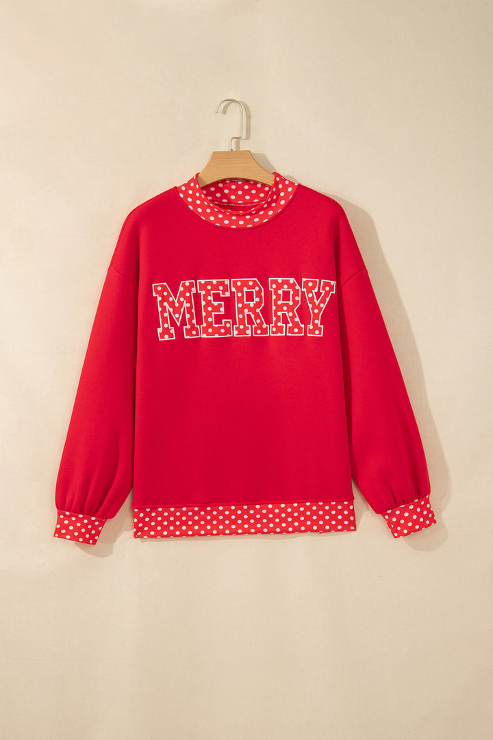 Fiery Red Polka Dot Letter Print Contrast Trim Mock Neck Sweatshirt