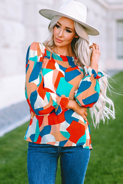 Multicolor Abstract Pattern Crewneck Ruffled Puff Sleeve Blouse