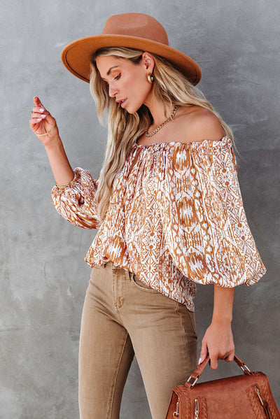 Brown Drawstring Neckline 3/4 Sleeve Printed Blouse