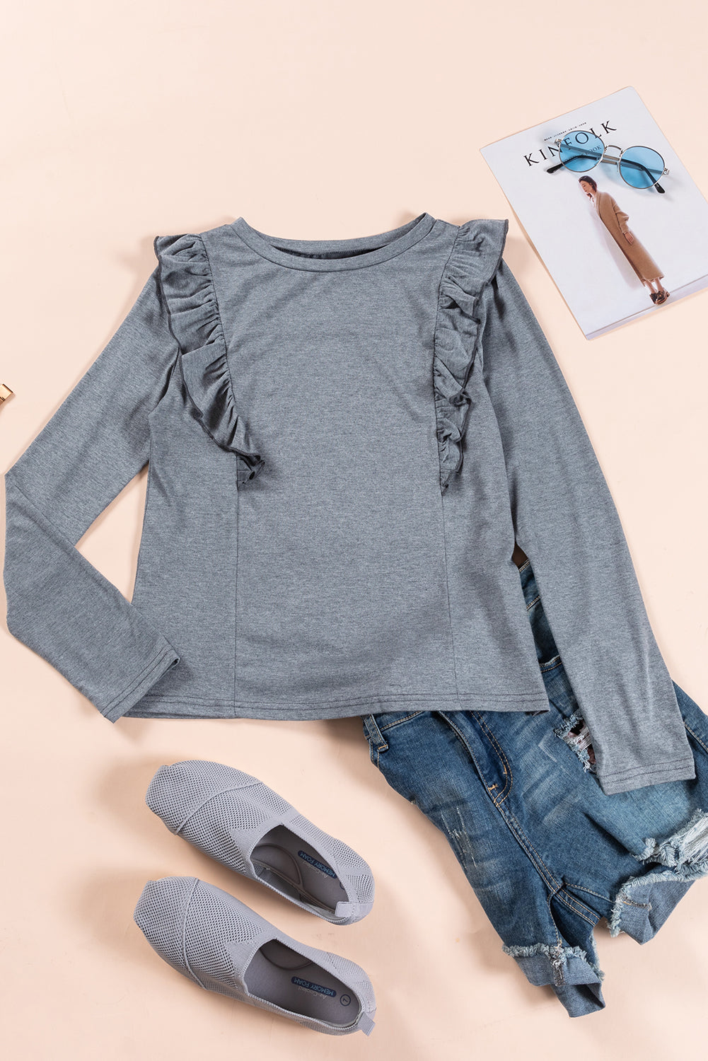 Dark Grey Solid Color Ruffled Crew Neck Long Sleeve Top