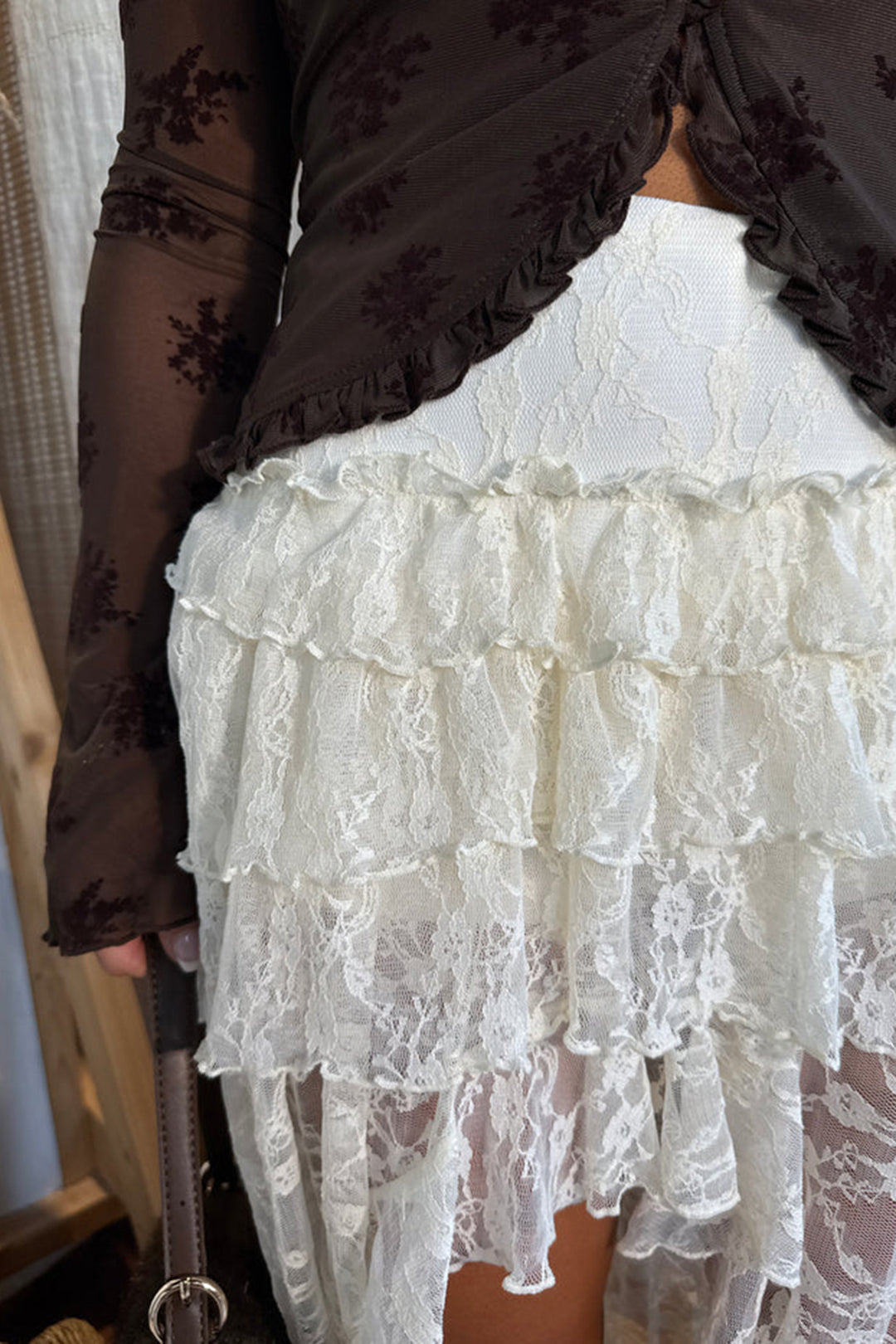 White Sheer Lace Frilly Ruffles High Low Long Skirt
