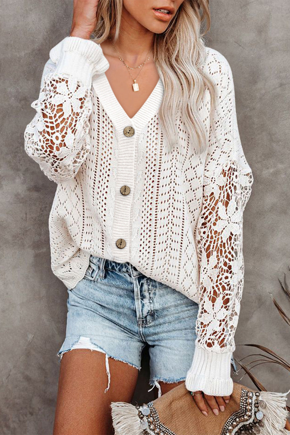 White Lace Crochet Hollow Out Knit Buttoned Sweater