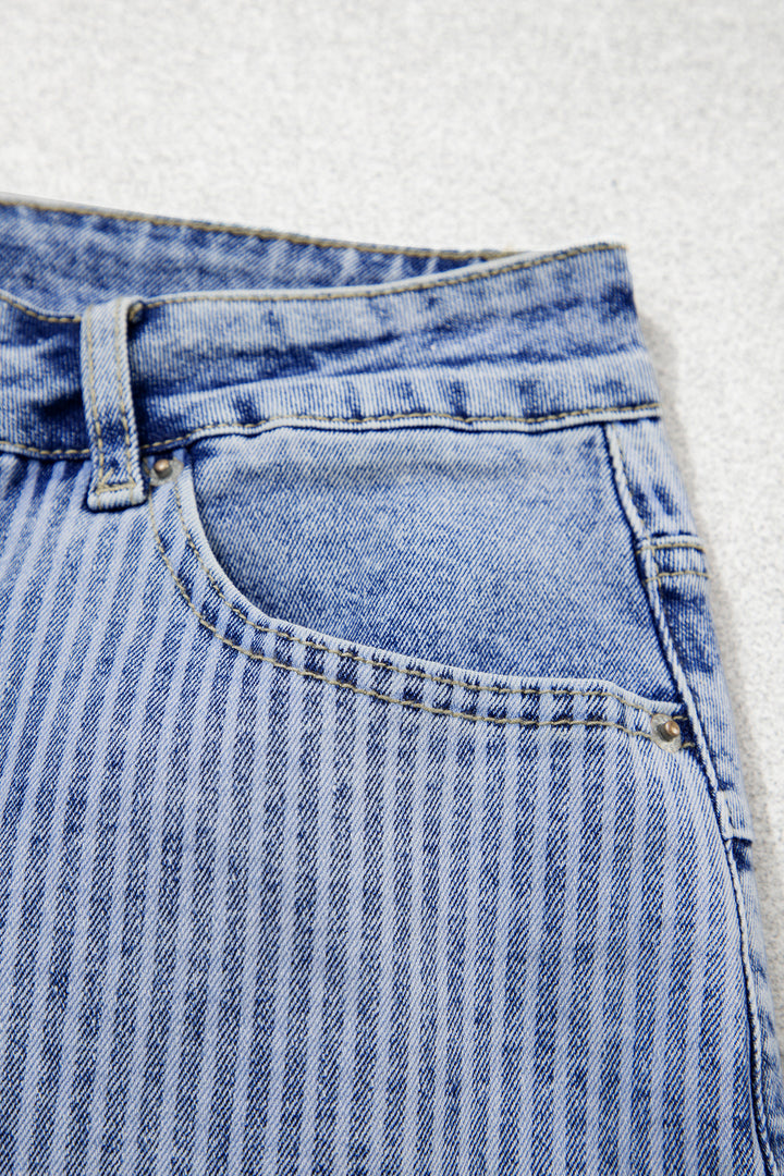 Sky Blue Striped Paisley Mixed Patchwork Raw Hem Denim Shorts