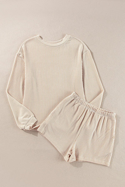 Parchment Corded Knit Long Sleeve Top and High Waist Shorts Set