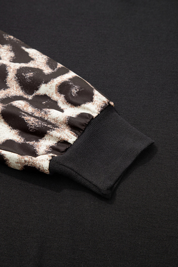 Khaki Leopard Puff Sleeve Patchwork Top