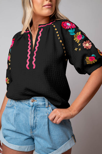 Black Floral Embroidered Ricrac Puff Sleeve Textured Blouse