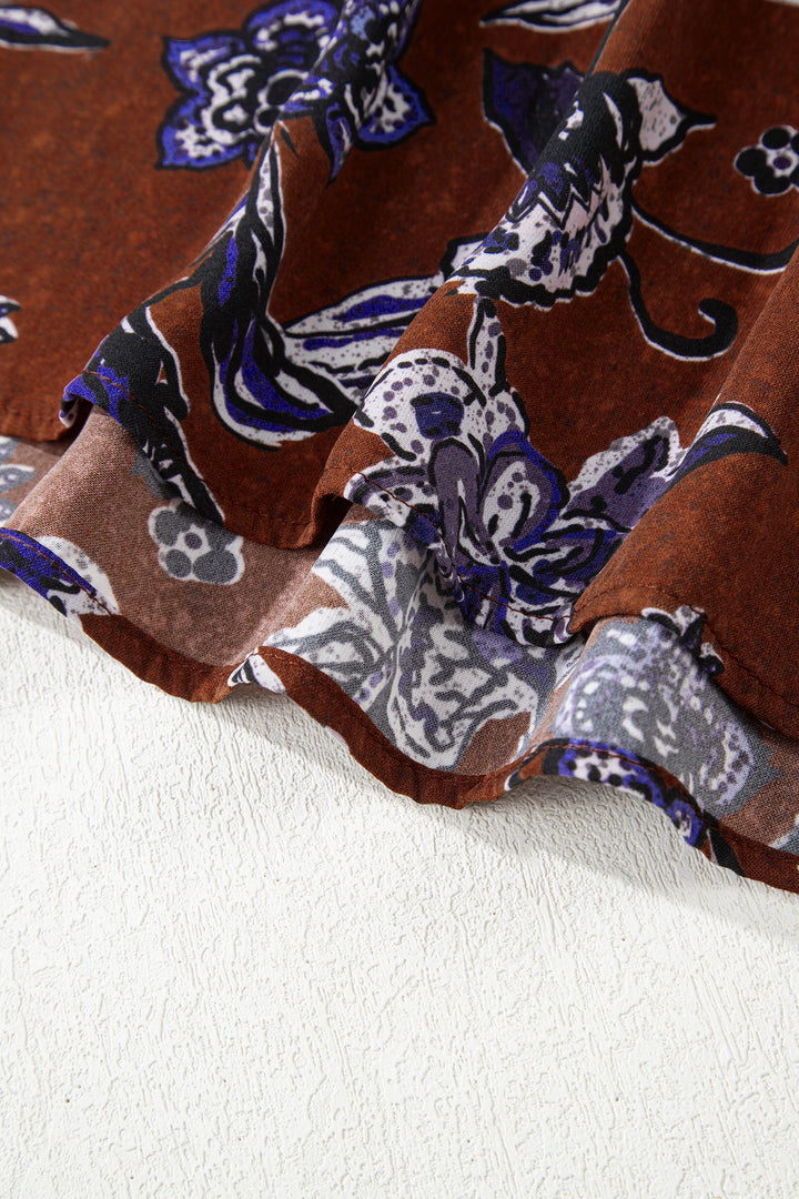 Brown Autumn Floral Print Smocked Cuffs Shift Blouse