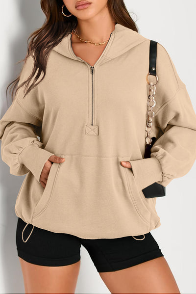 Parchment Solid Kangaroo Pocket Half Zipper Oversized Hoodie