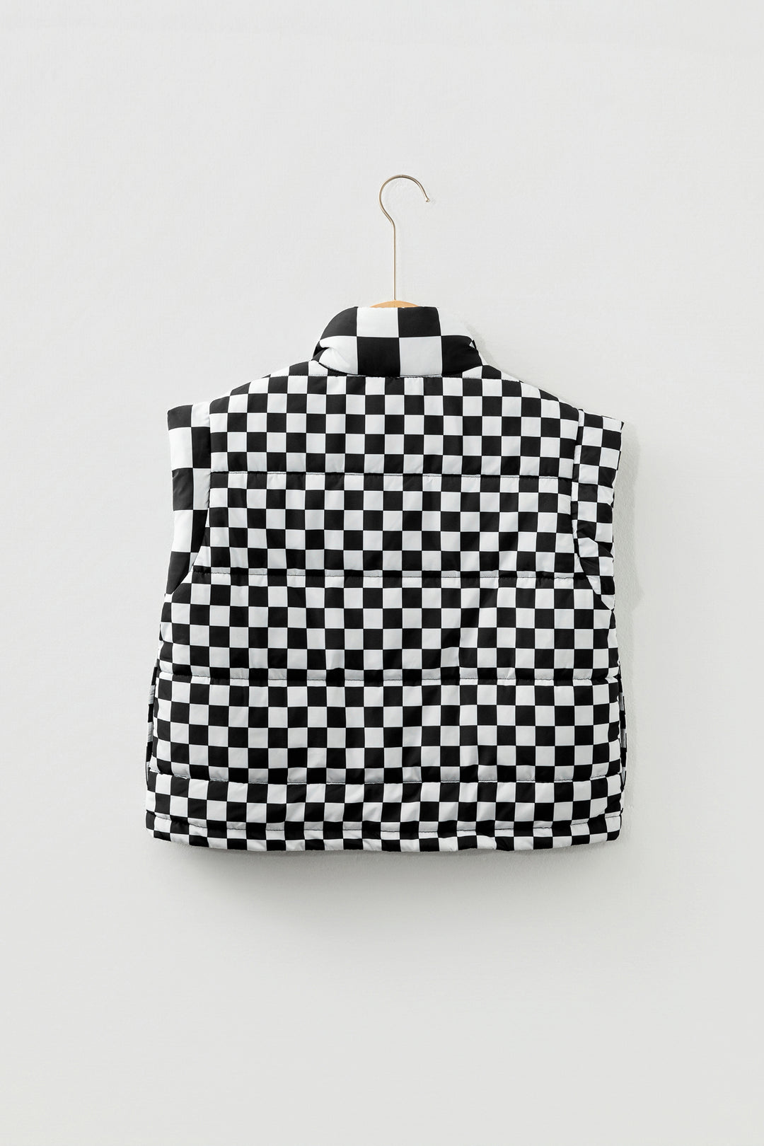 Black Double Checked Stand Collar Cropped Puffer Vest