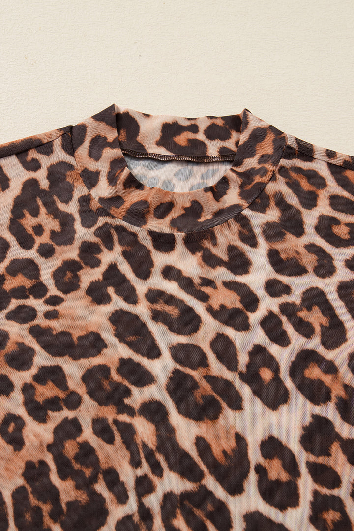 Brown Leopard Mock Neck Long Sleeve Mesh Top