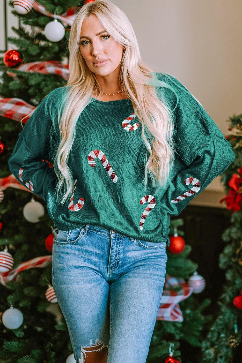 Green Sequined Candy Canes Gingerbread Man Sweater