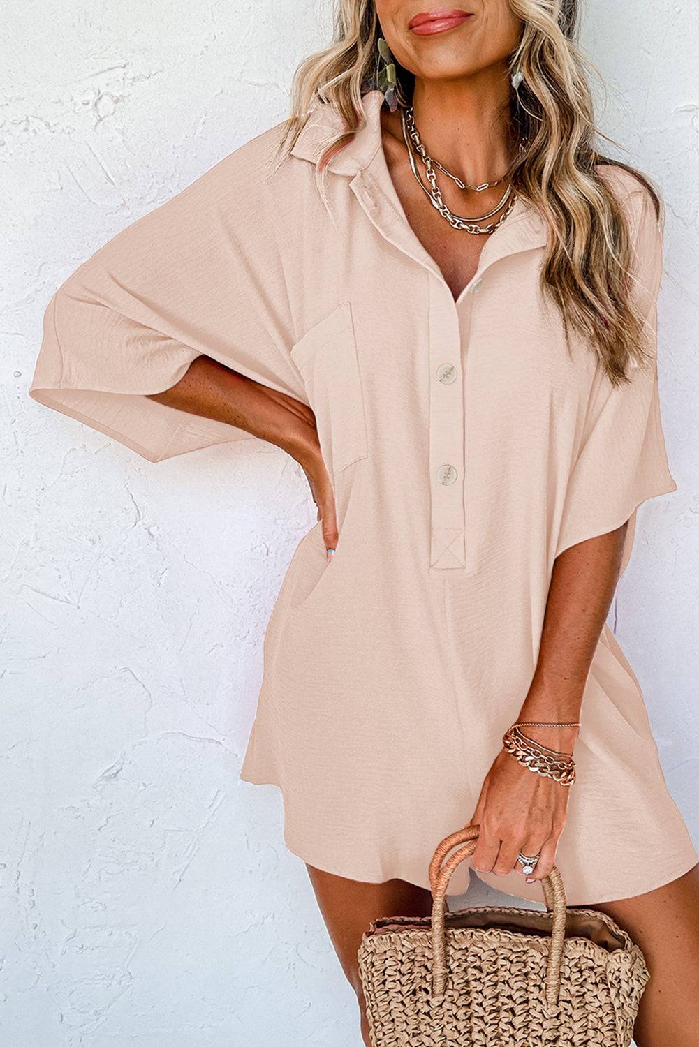 Apricot Half Button Collared Loose Romper