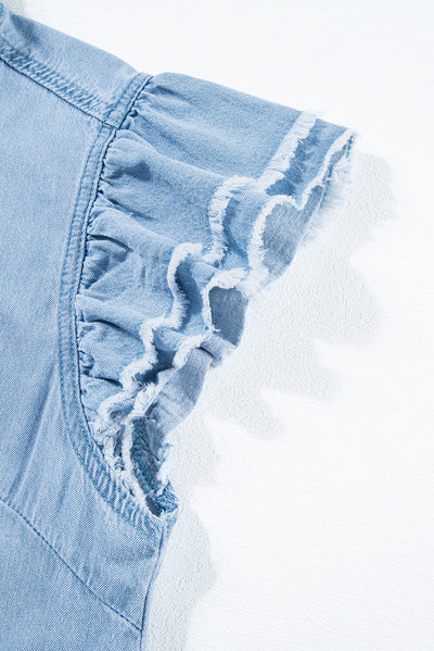 Beau Blue Button Front Ruffled Flutter Frayed Denim Top