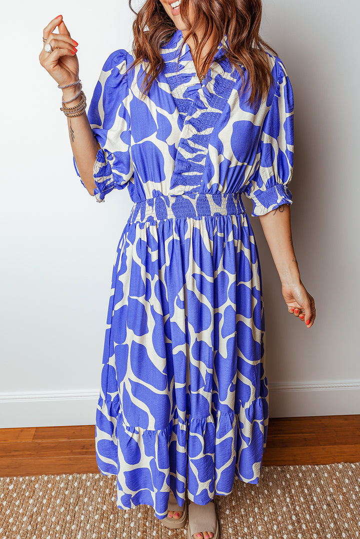 Sky Blue Abstract Print Smocked Waist Puff Half Sleeve Maxi Dress