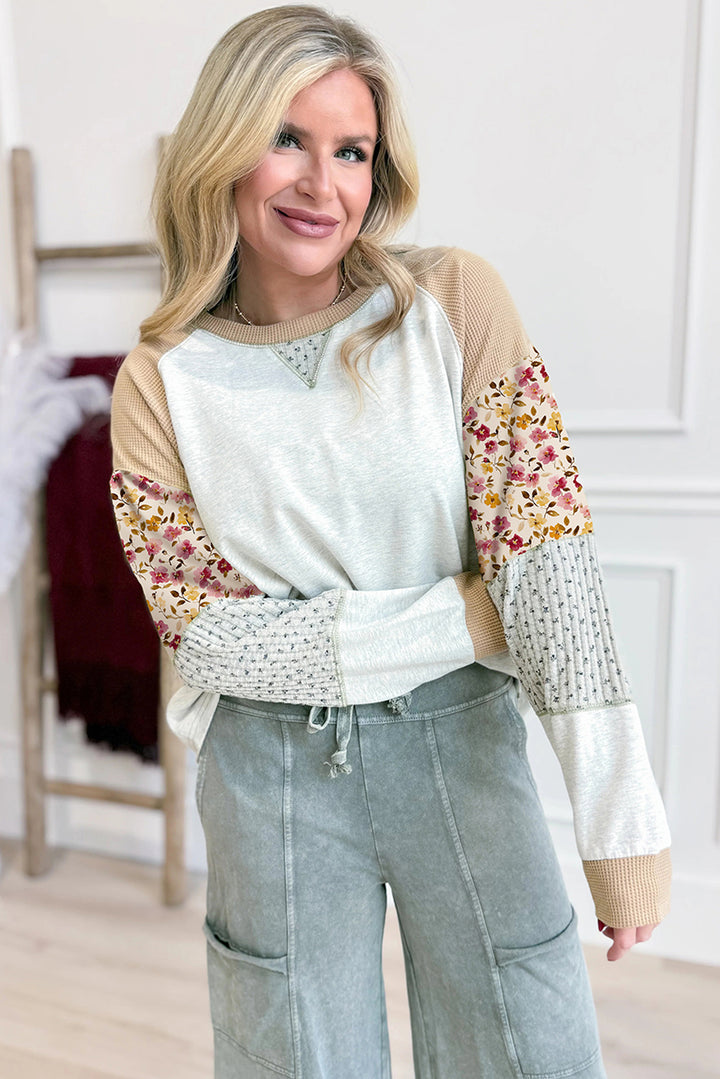 Light Grey Mixed Print Raglan Sleeve Patchwork Exposed Seam Pullover Top