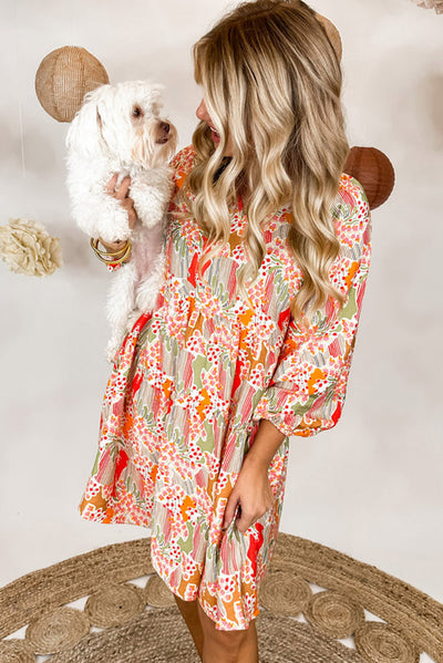 Multicolour Split Neck Puff Sleeve Flowy Printed Dress