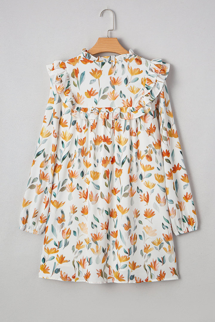 Katherine Floral Tie Neck Frilled Long Sleeve Dress