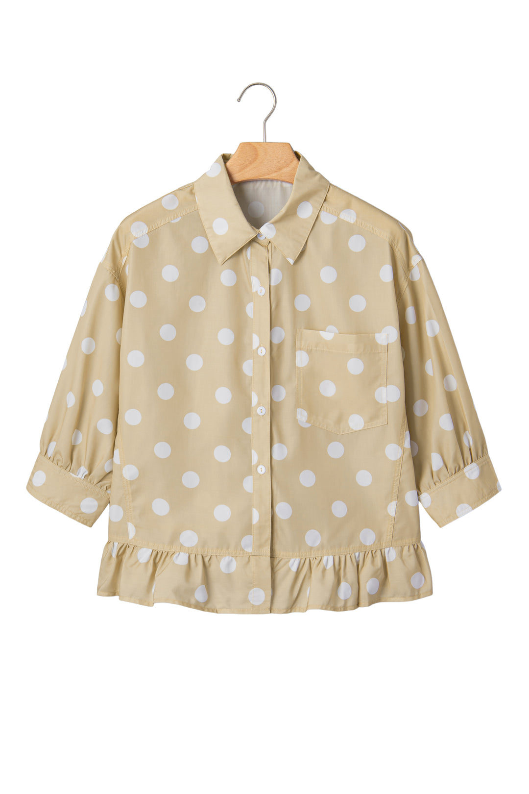 White Polka Dot Print Three Quarter Sleeve Ruffle Hem Casual Shirt
