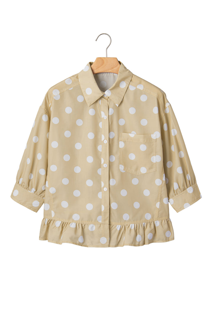 White Polka Dot Print Three Quarter Sleeve Ruffle Hem Casual Shirt