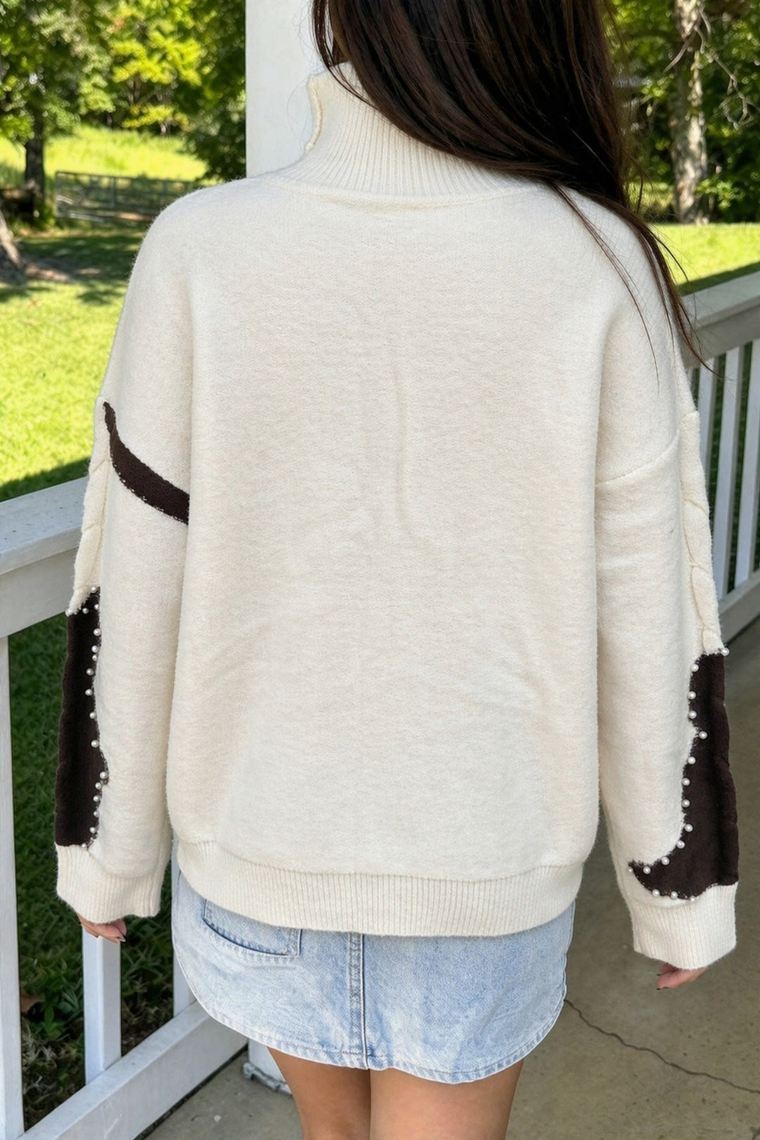 Beige Cable Detail Knit Beaded Western Spots Casual Sweater