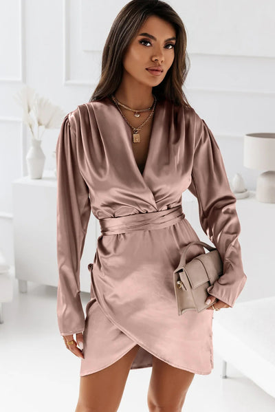 Pink Satin Ruched V-neck Wrapped Mini Dress