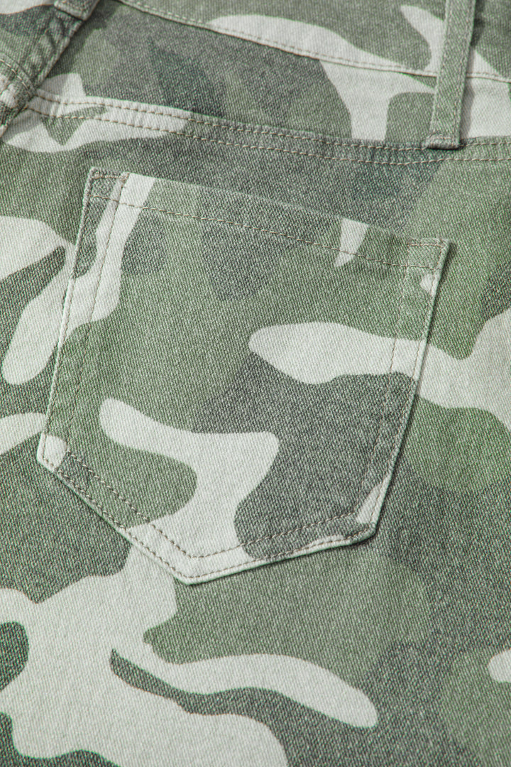 Green Camo Print Button Fly Straight Leg Ankle Length Jeans