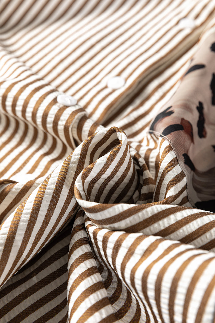 Brown Stripe Leopard Patched Collared Chest Pocket Cuffed Long Sleeve Plus Size Shirt