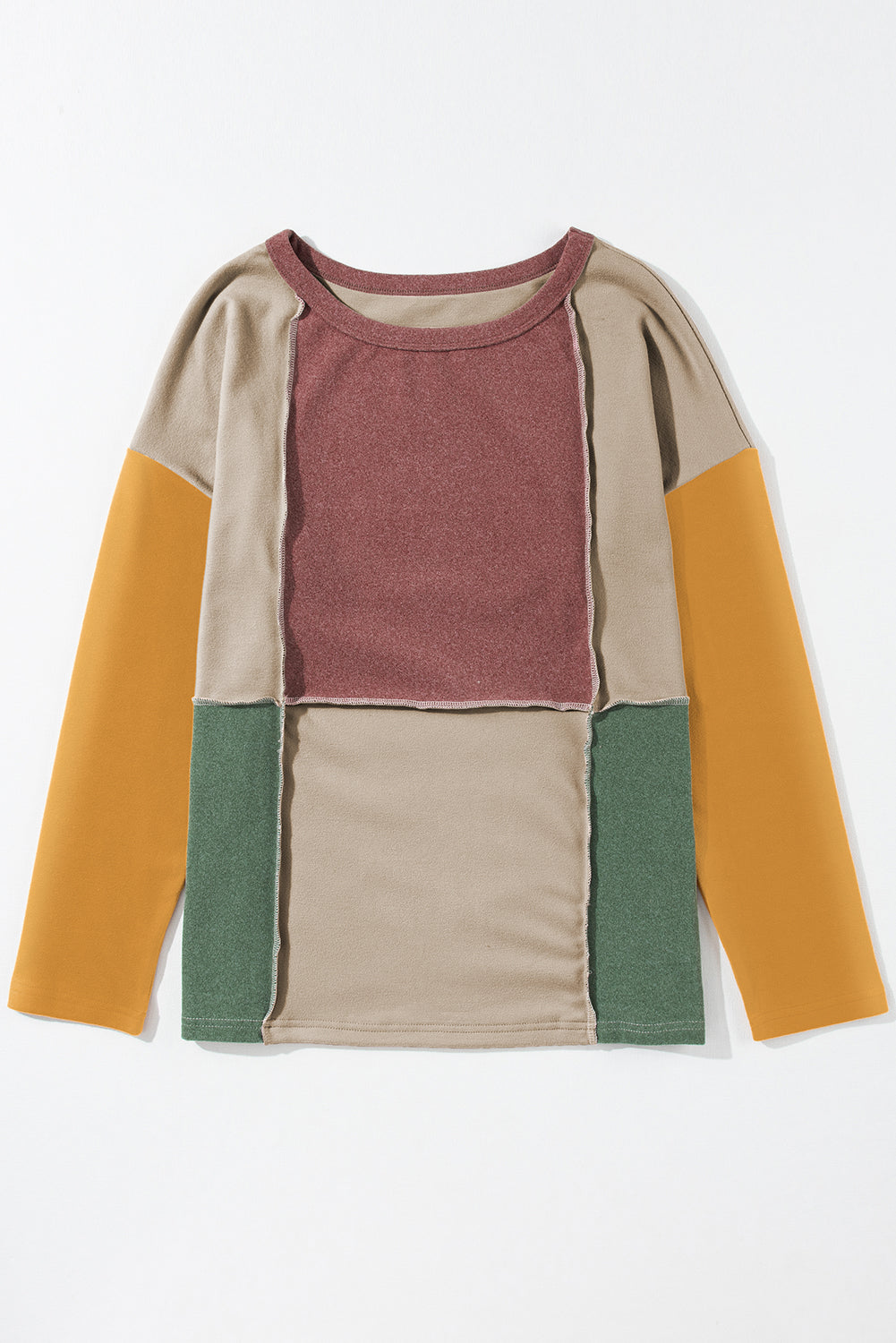 Light French Beige Exposed Seam Colorblock Knit Long Sleeve Top