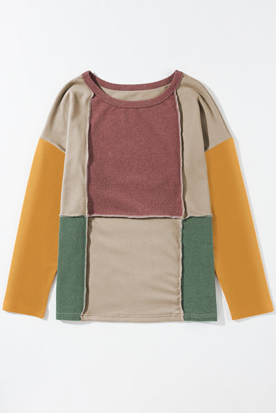 Light French Beige Exposed Seam Colorblock Knit Long Sleeve Top