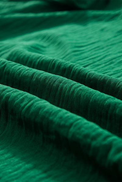 Dark Green Solid Color Textured Pleated Flutter Sleeve Blouse