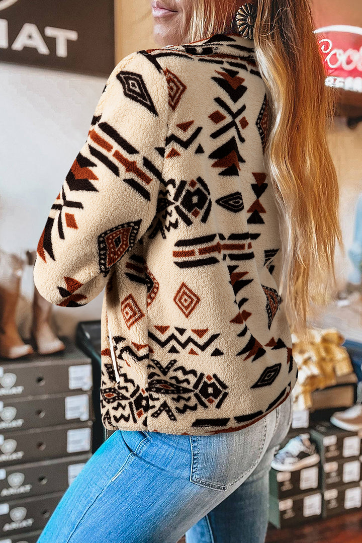 Black Western Aztec Half Placket Plush Sweatshirt