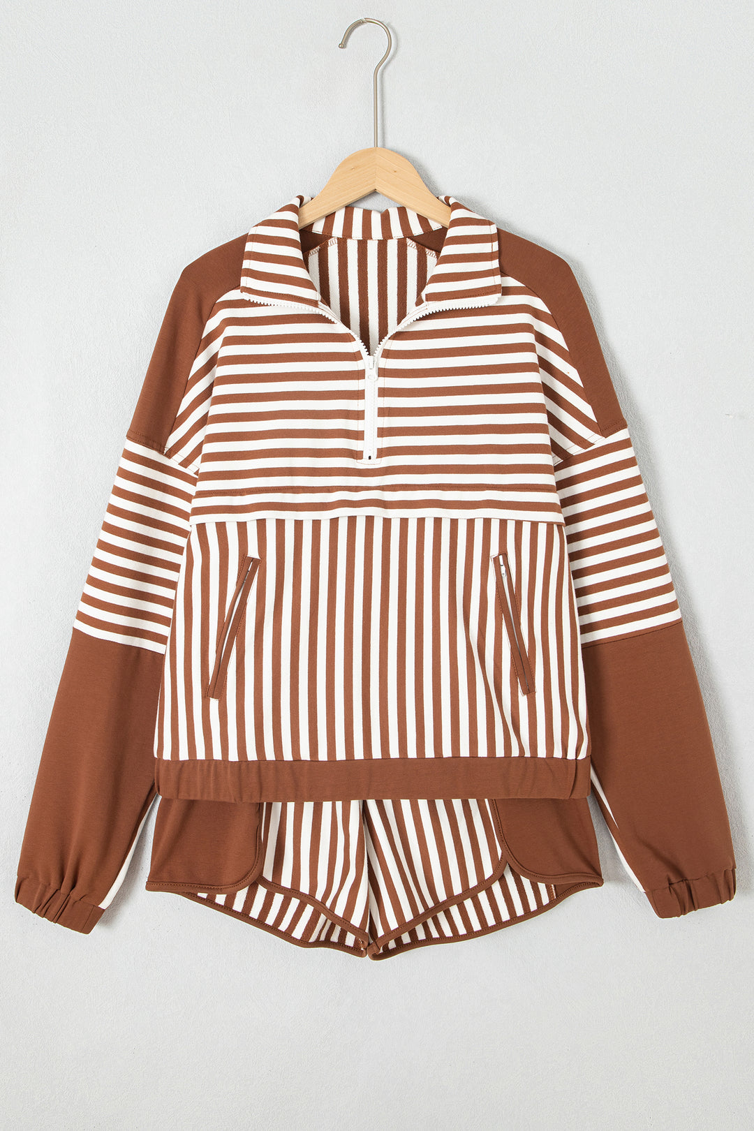 Brown Stripe Color Block Patchwork Quarter Zip Pullover Sporty Shorts Set