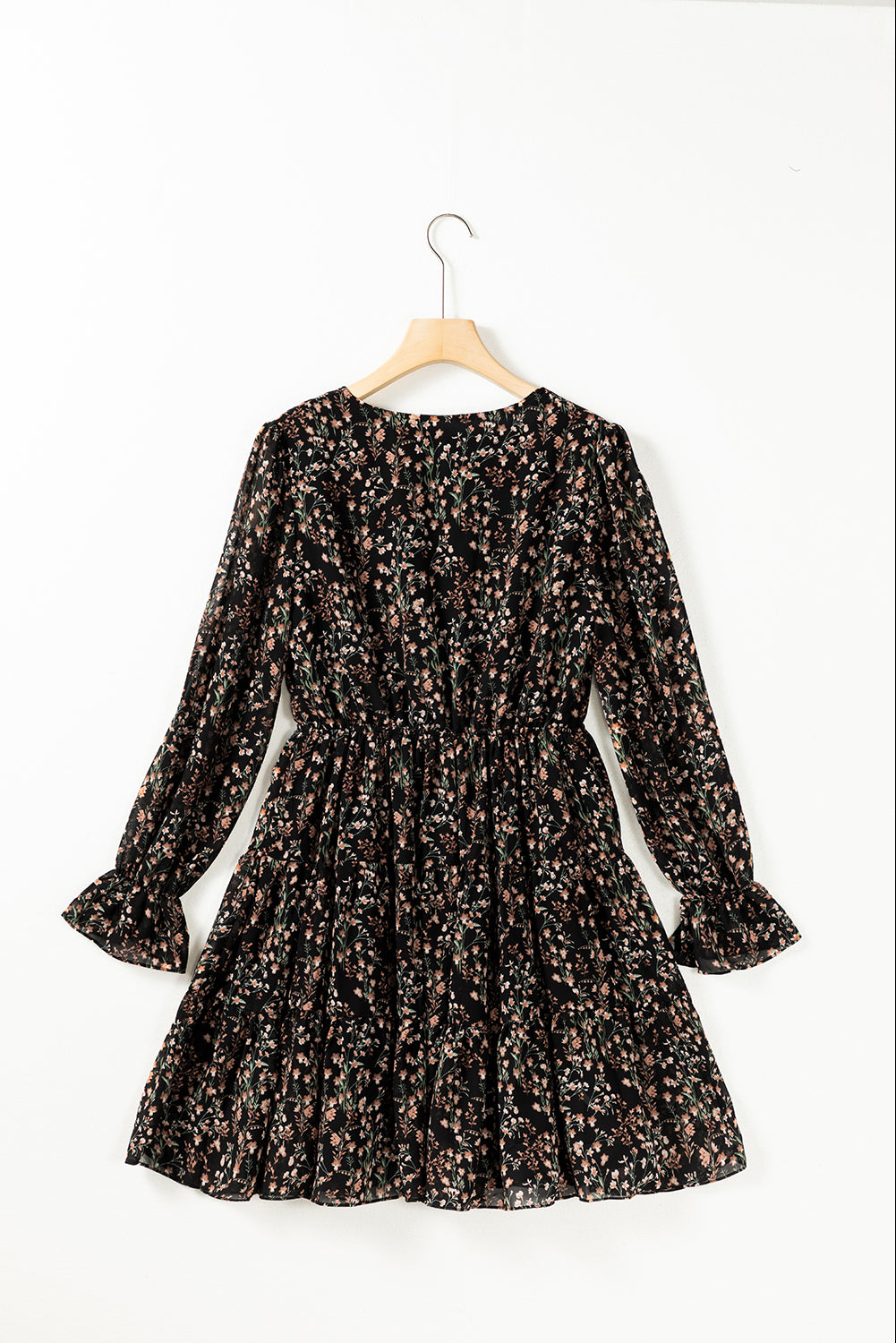 Black Floral Print V Neck Ruffled Puff Sleeve Mini Dress