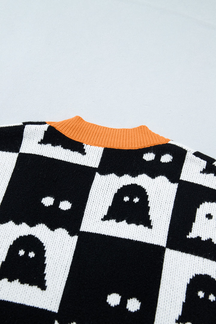 Black Geometric Ghost Print Drop Shoulder Knit Cardigan