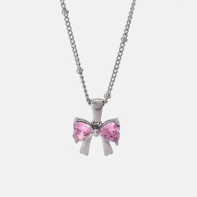 Stainless Steel Inlaid Zircon Bow Necklace