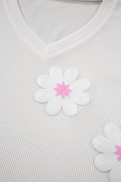 White Flower Applique Texture Knitted V Neck Top