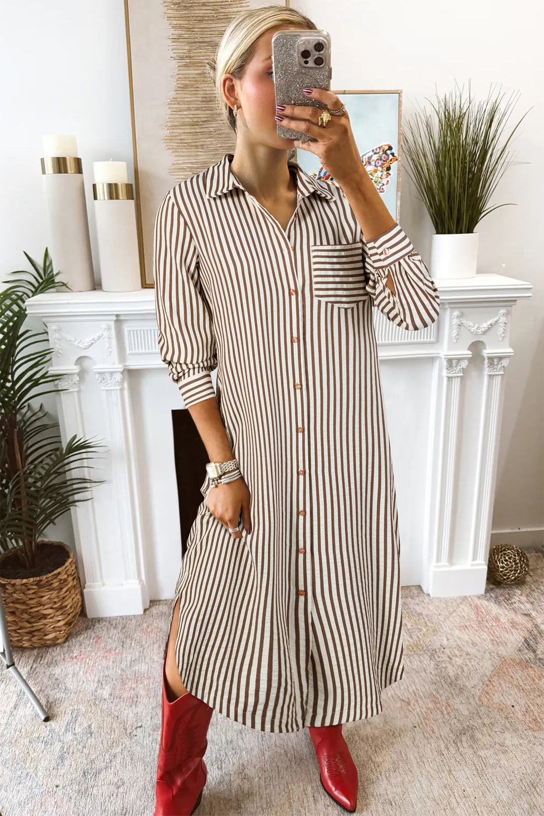 Brown Stripe Textured 3/4 Sleeve Round Hem Split Midi Shirt Dress